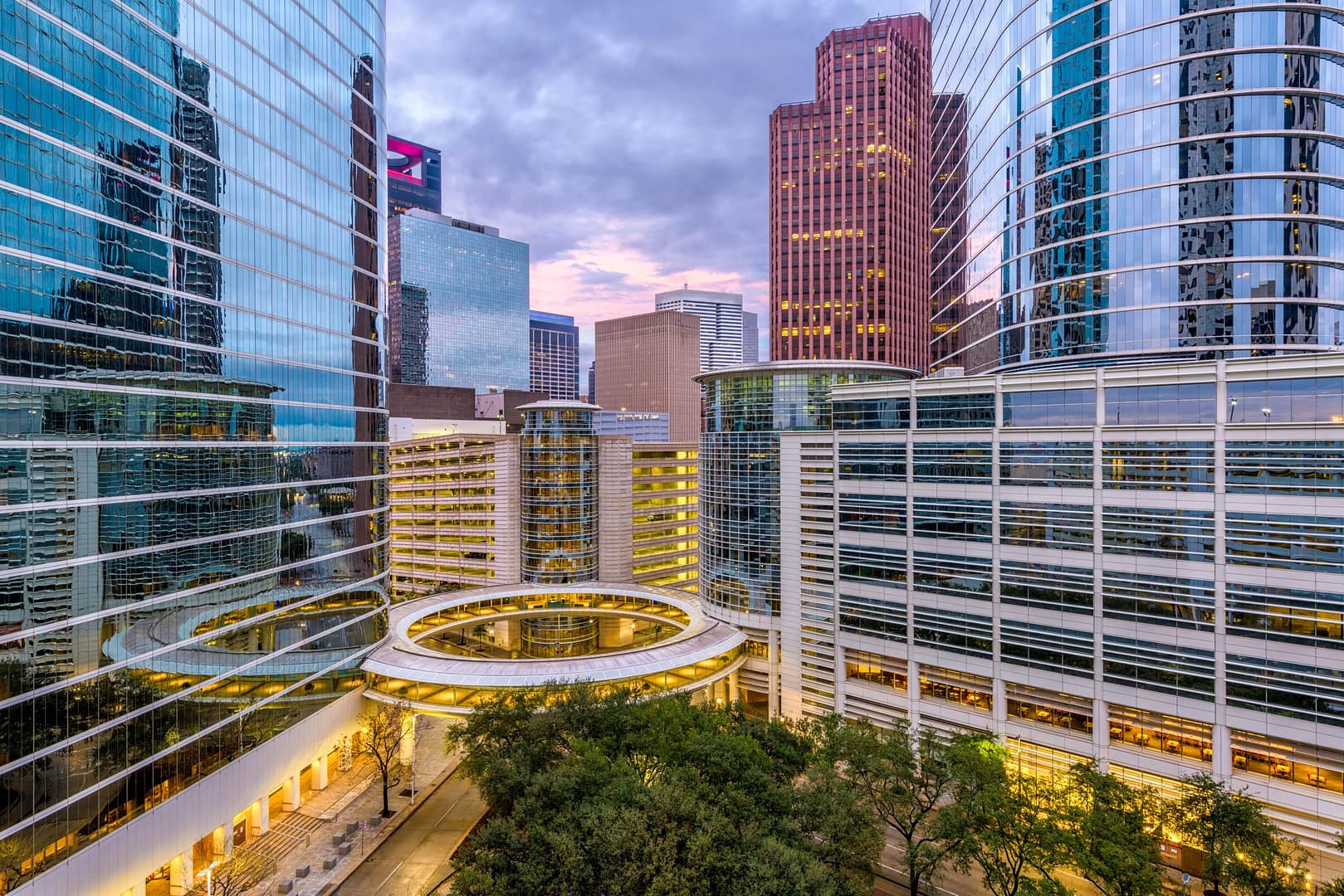 View of the Houston skyline in Houston, Texas, near the Downtown business district.