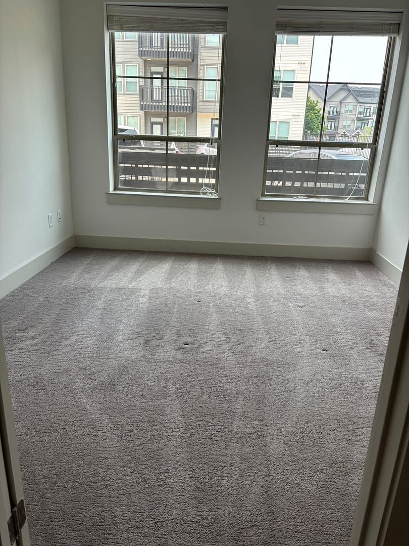 Empty carpeted bedroom with fresh overlapping vacuum passes visible in the pile, white baseboards and two windows.
