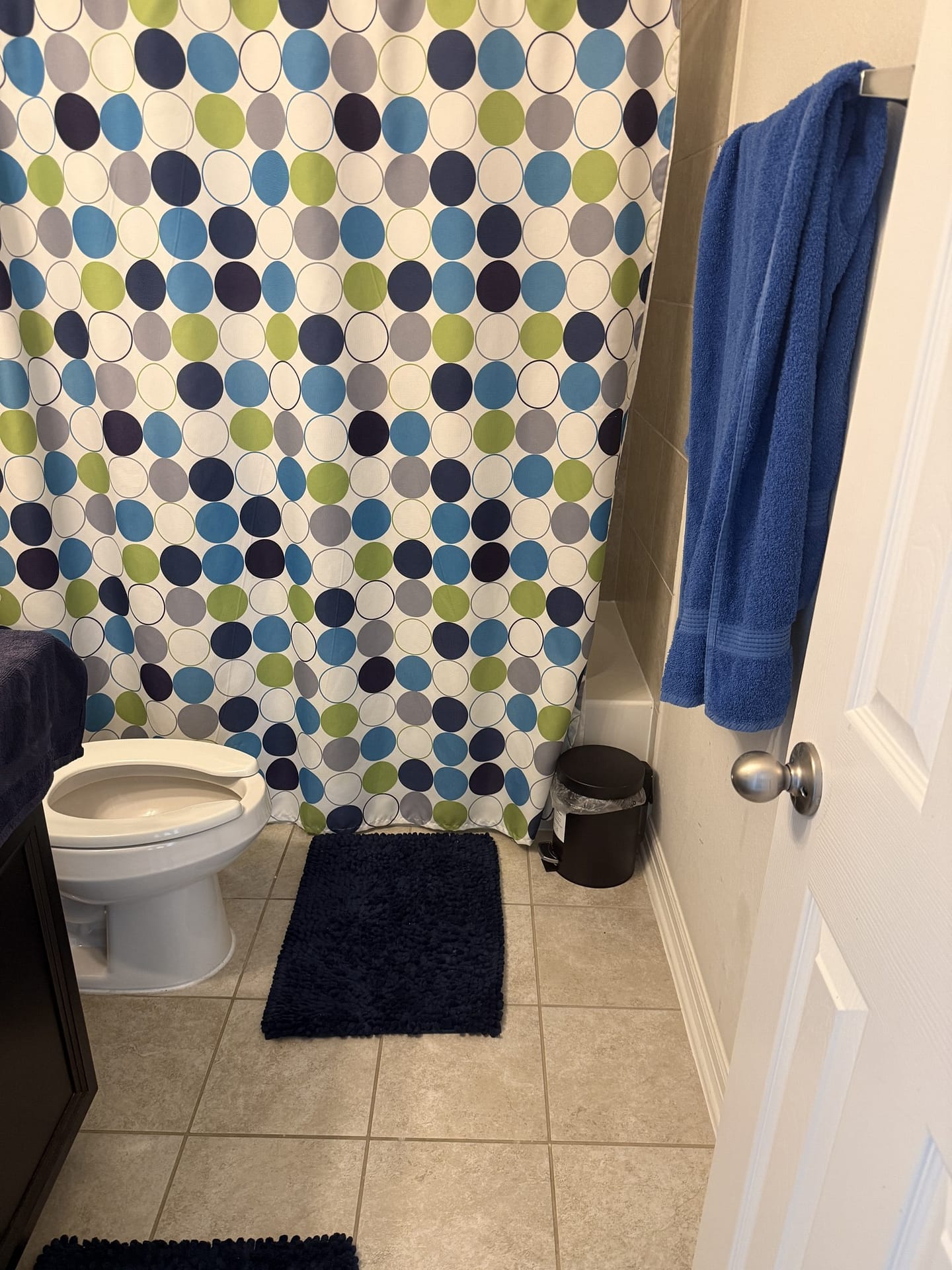 Hall bathroom ready for guests: toilet cleaned, shower curtain drawn, a folded blue towel on the bar, a navy rug and a lined wastebasket.